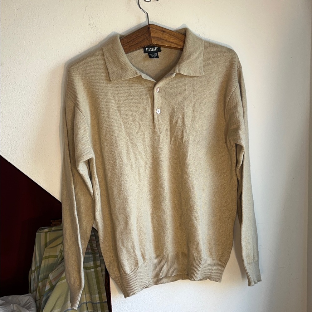 III State Light Tan Collared Button Neck Cashmere Sweater Mem’s M‎ EUC